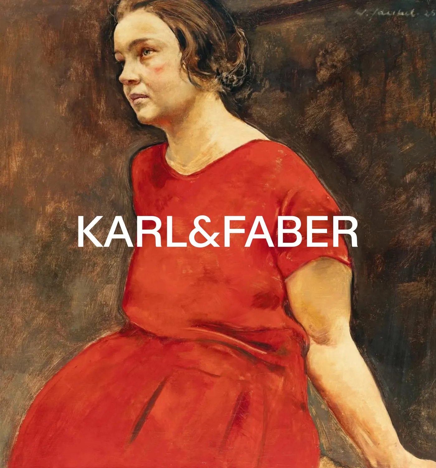 Karl & Faber — a portrait of a woman in a red dress under the KARL&FABER wordmark