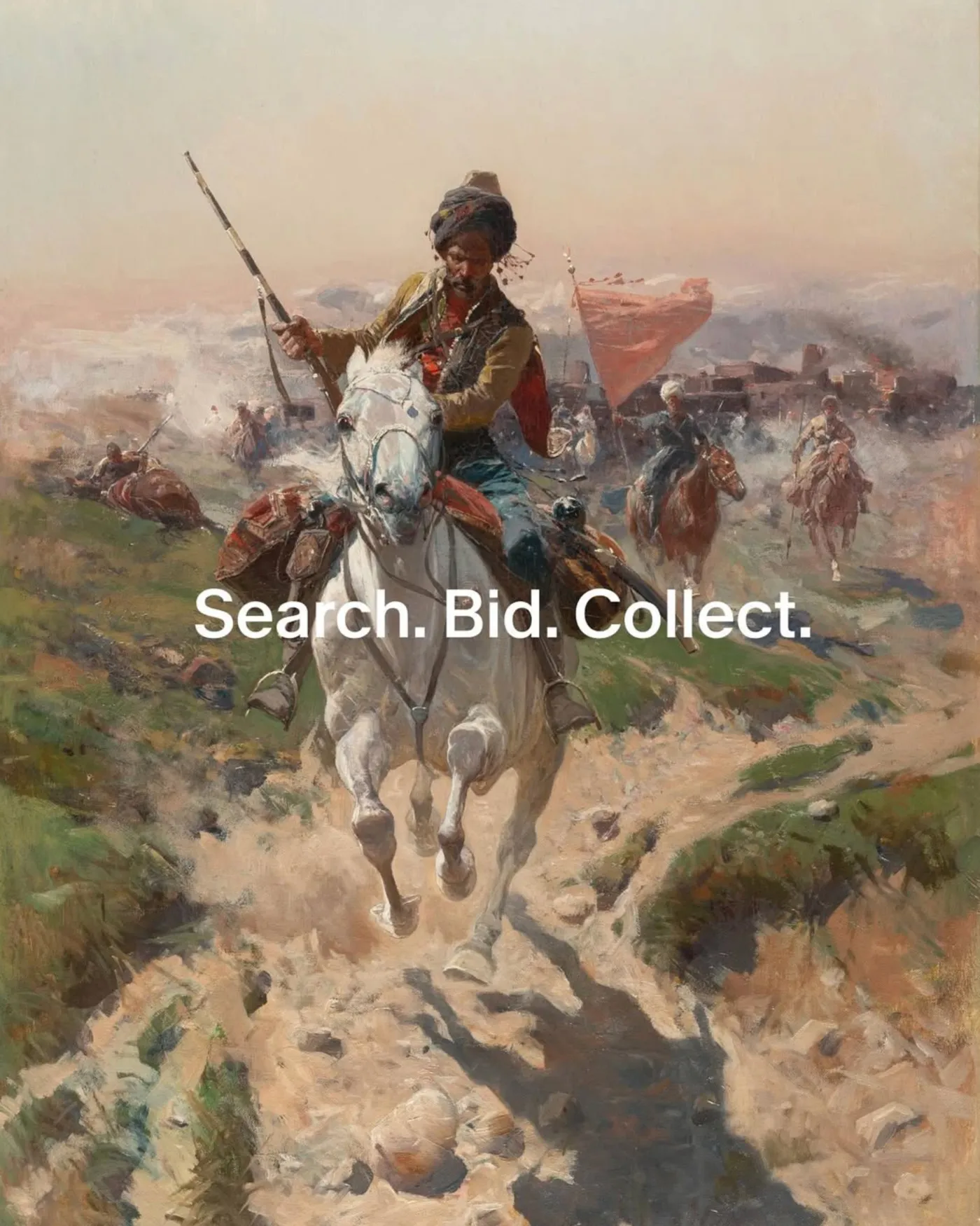 Karl & Faber — an oil painting of a horseman with the tagline Search. Bid. Collect.