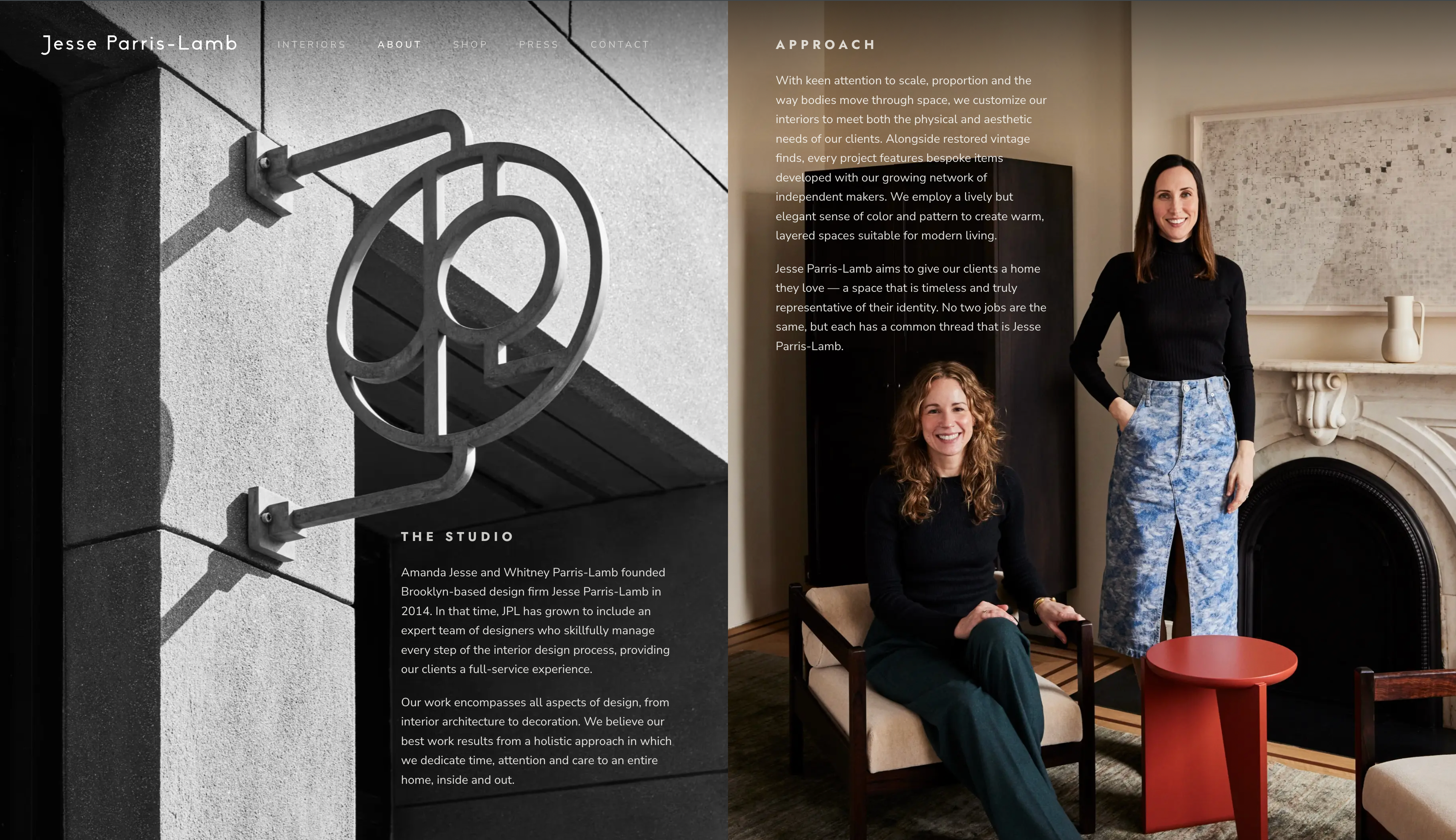 The Jesse Parris-Lamb About page — a black-and-white monogram sculpture beside a portrait of the firm's founders
