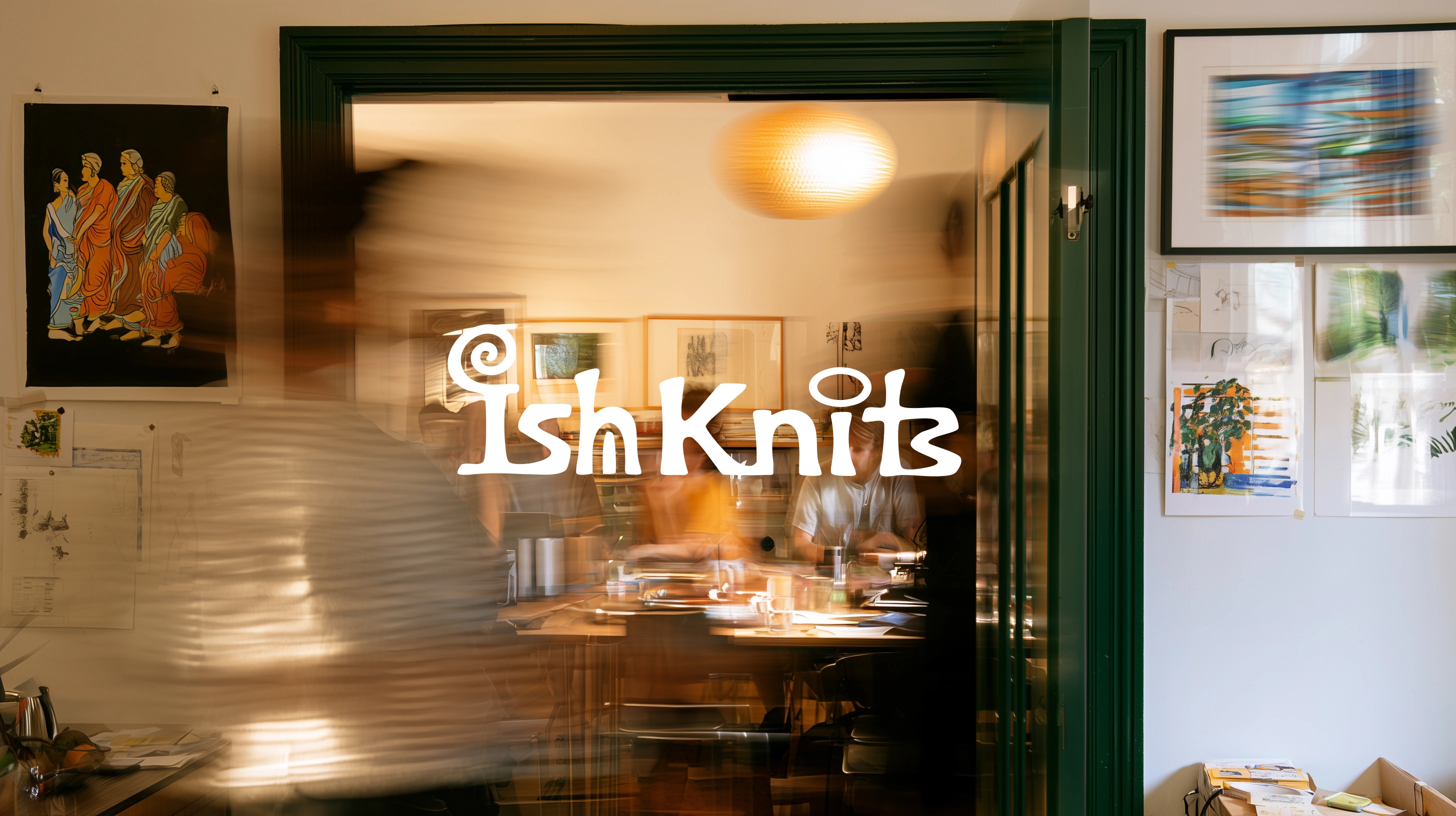 Brand direction — playful Ish Knits wordmark over the doorway gathering