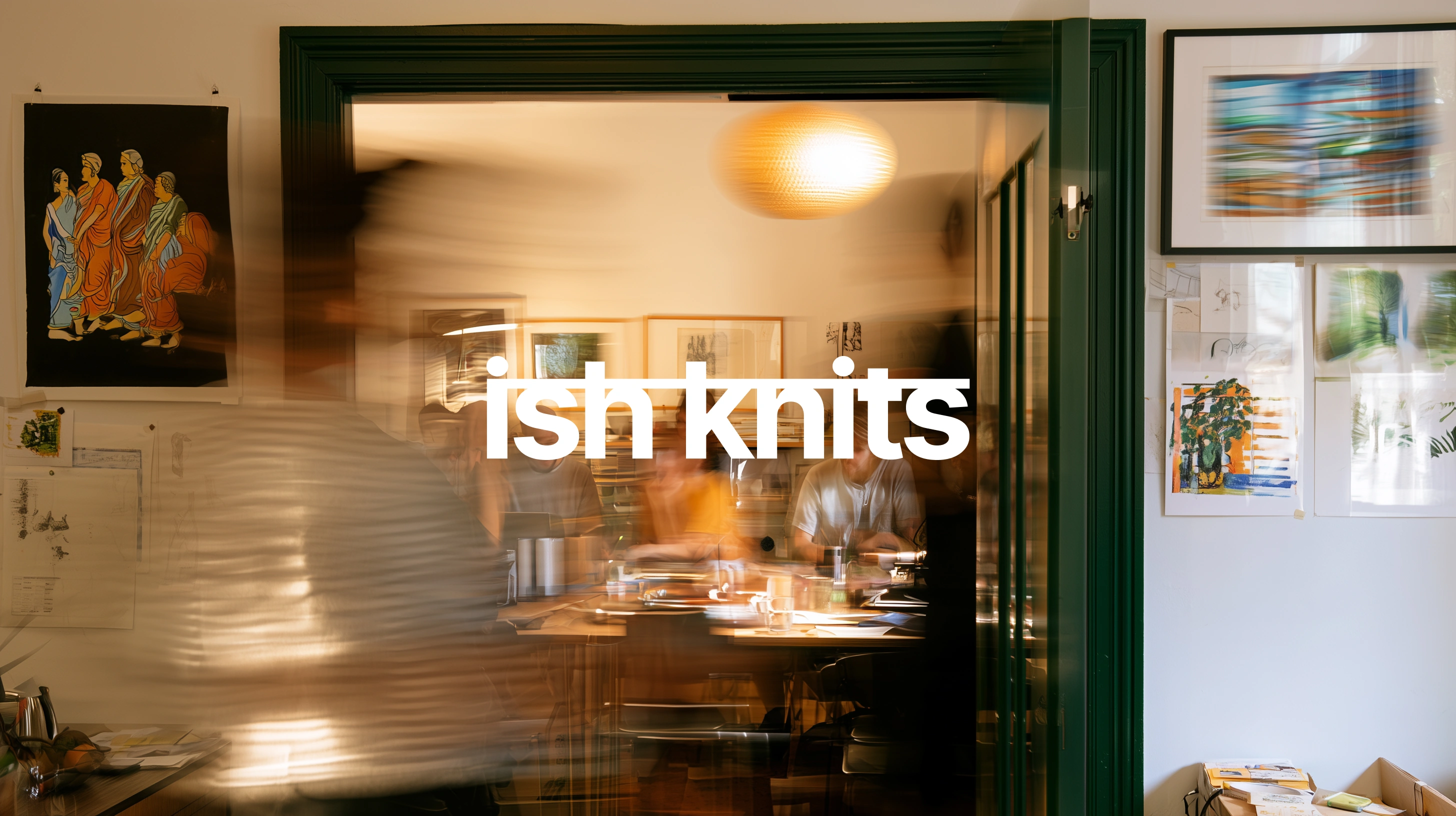 Brand direction — geometric Ish Knits wordmark over the doorway gathering