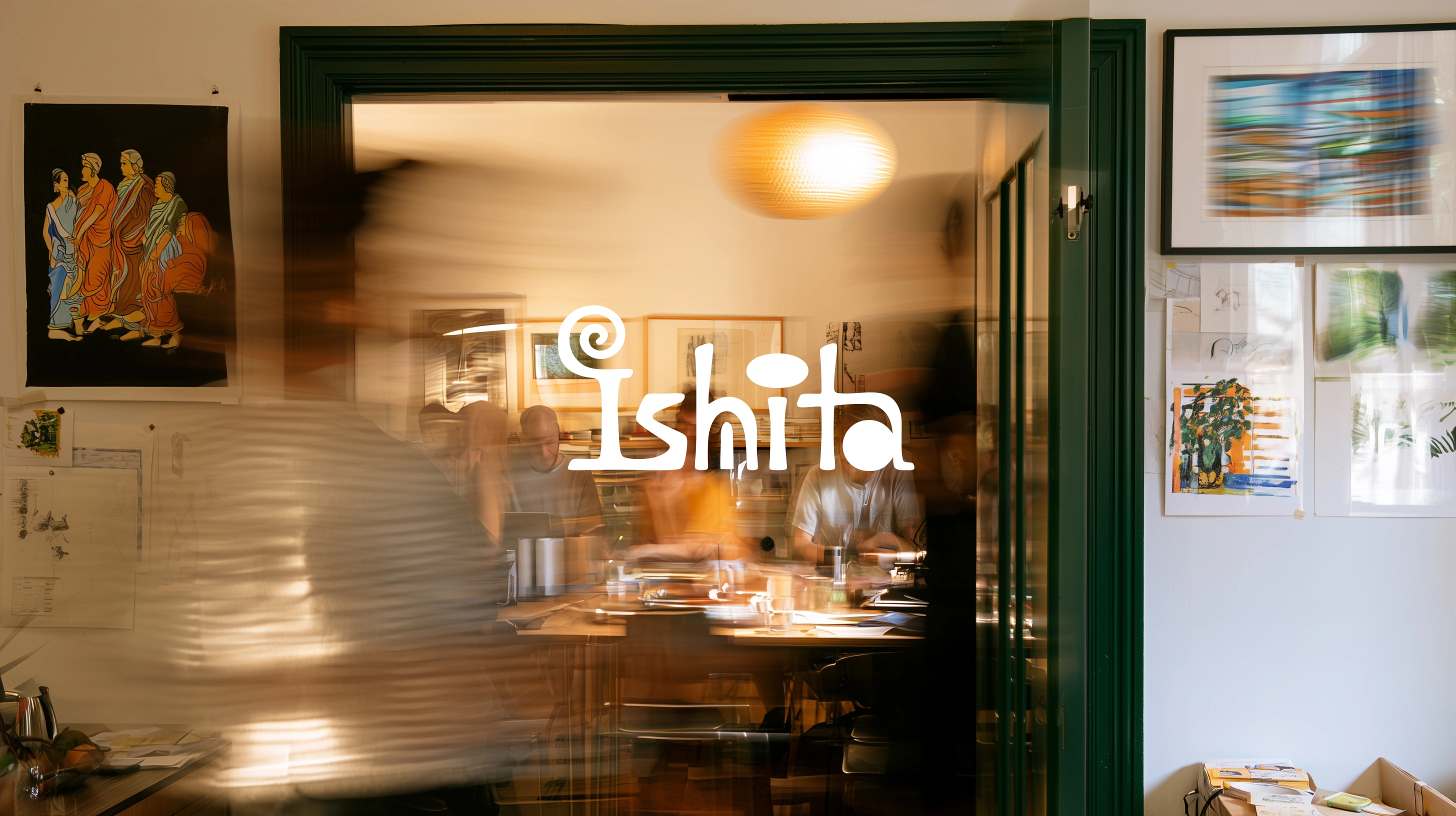 Brand direction — expressive wordmark over a gathering framed by a green doorway