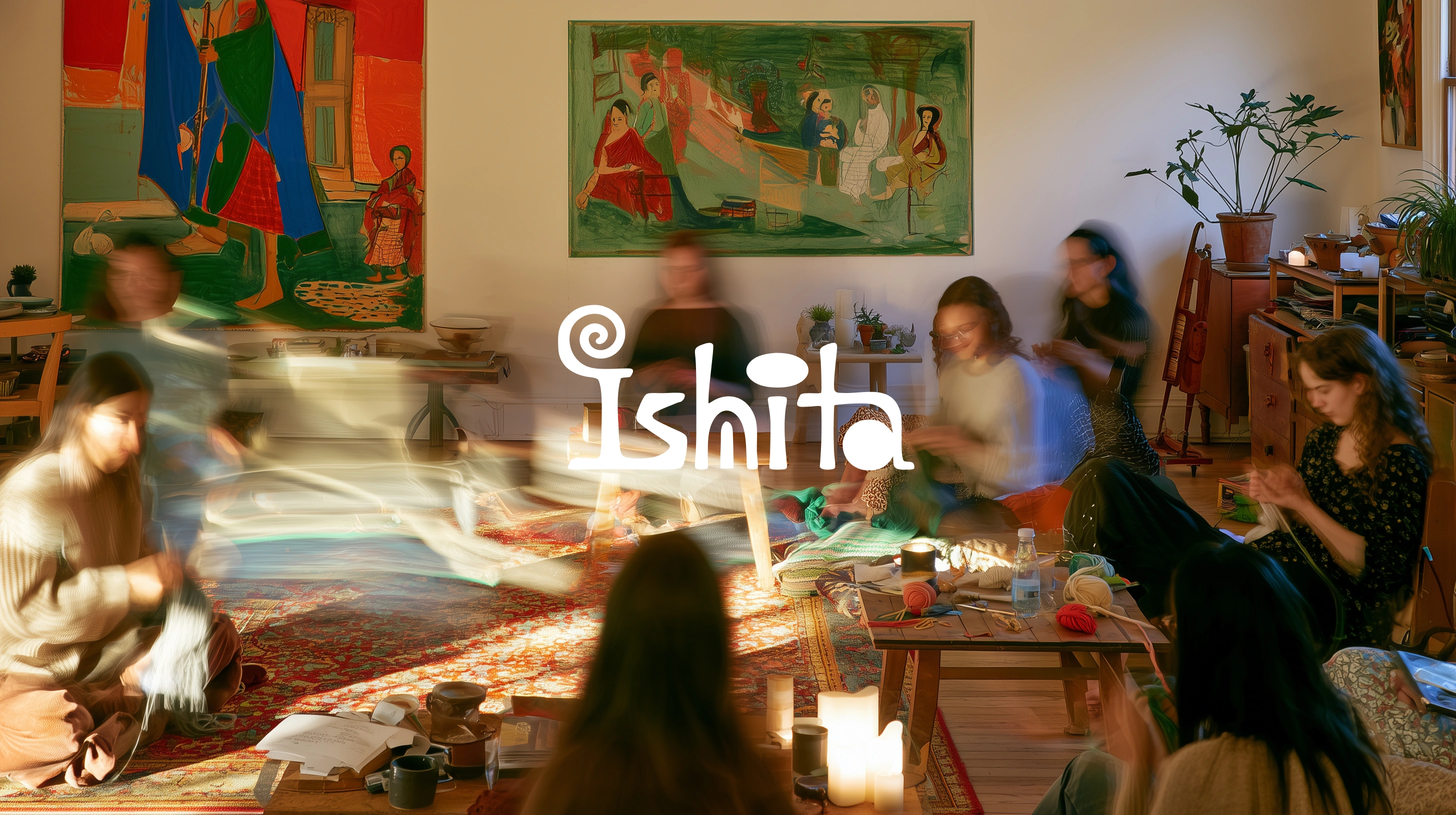 Brand direction — expressive wordmark over a sunlit knitting circle