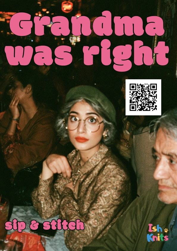 Sip & Stitch flyer — “Grandma was right”, green beret