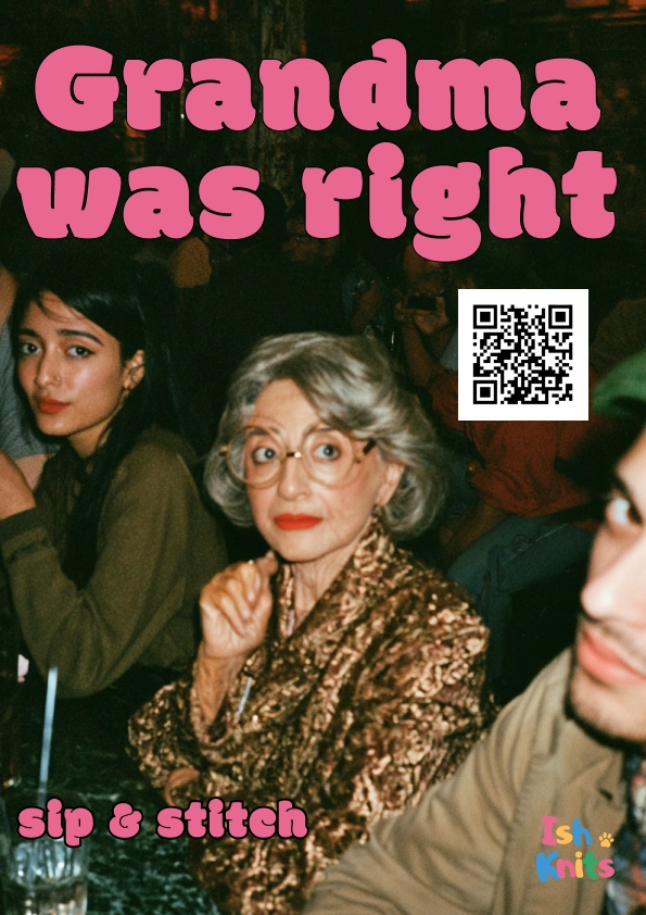 Sip & Stitch flyer — “Grandma was right”, seated portrait