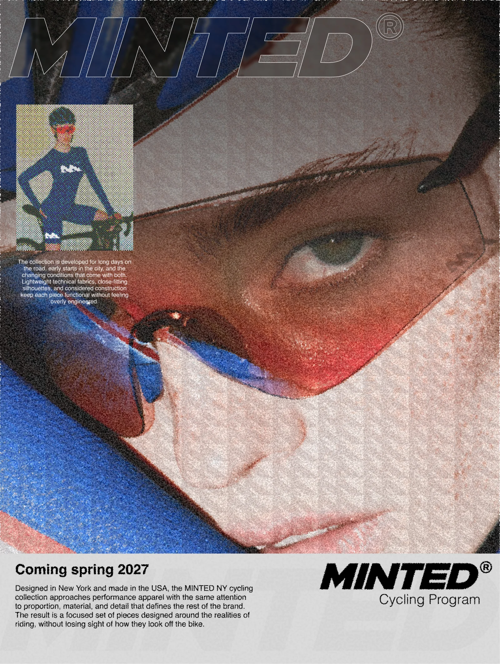 Minted Cycling Program concept poster with a close-up of cycling glasses and a blue cycling kit
