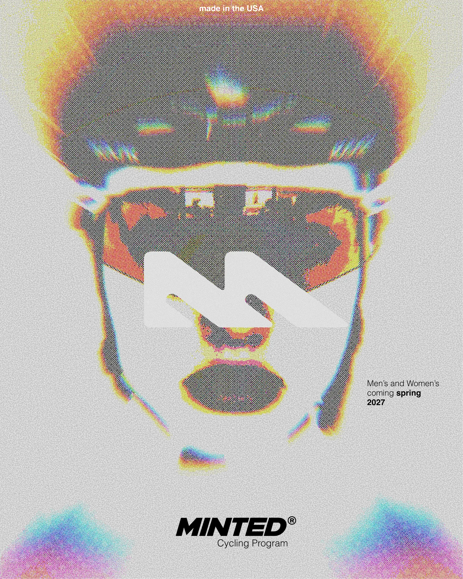 Minted Cycling Program concept poster with a halftone cyclist portrait and white M logo
