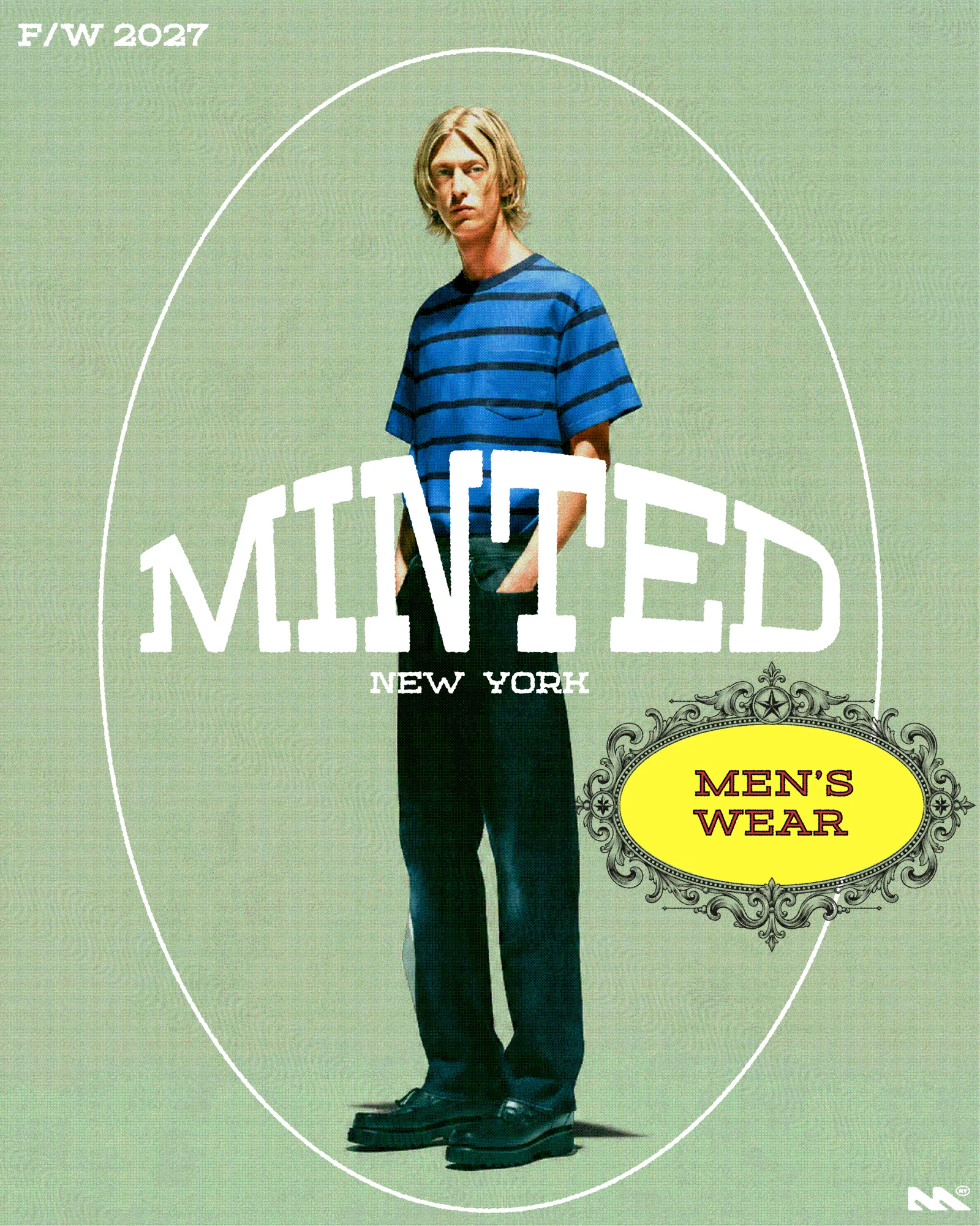 Minted New York menswear concept poster with a blue striped shirt on a green background