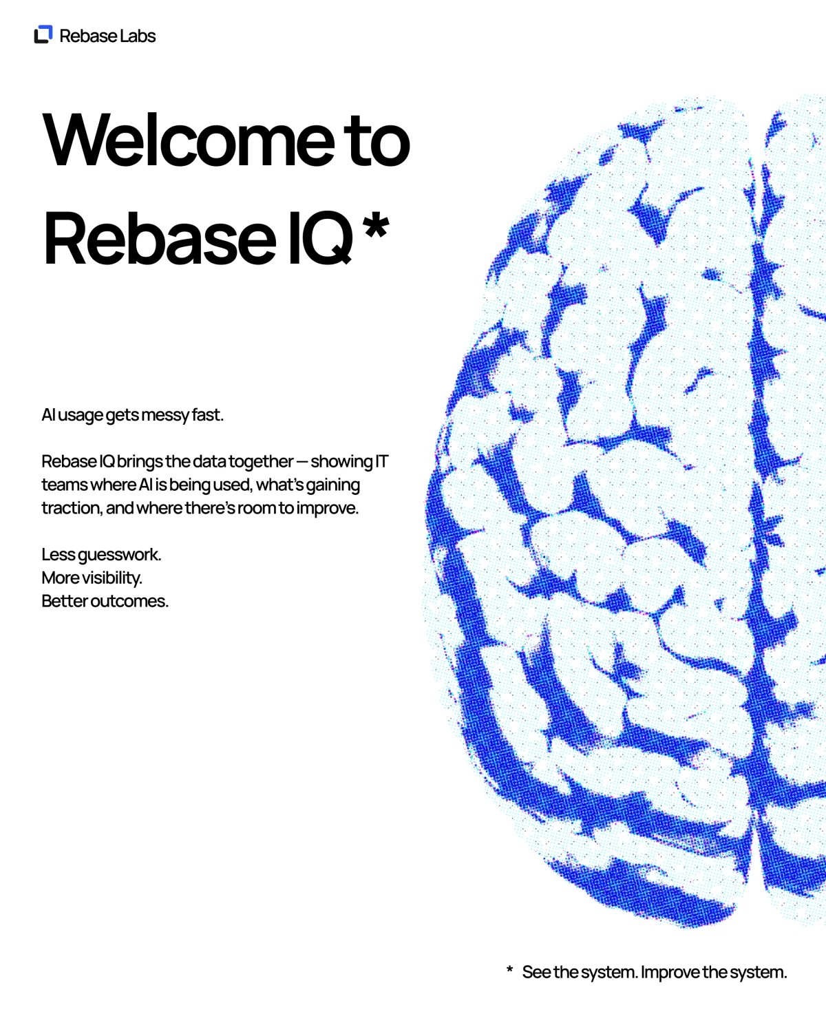 Rebase IQ — blue halftone brain design