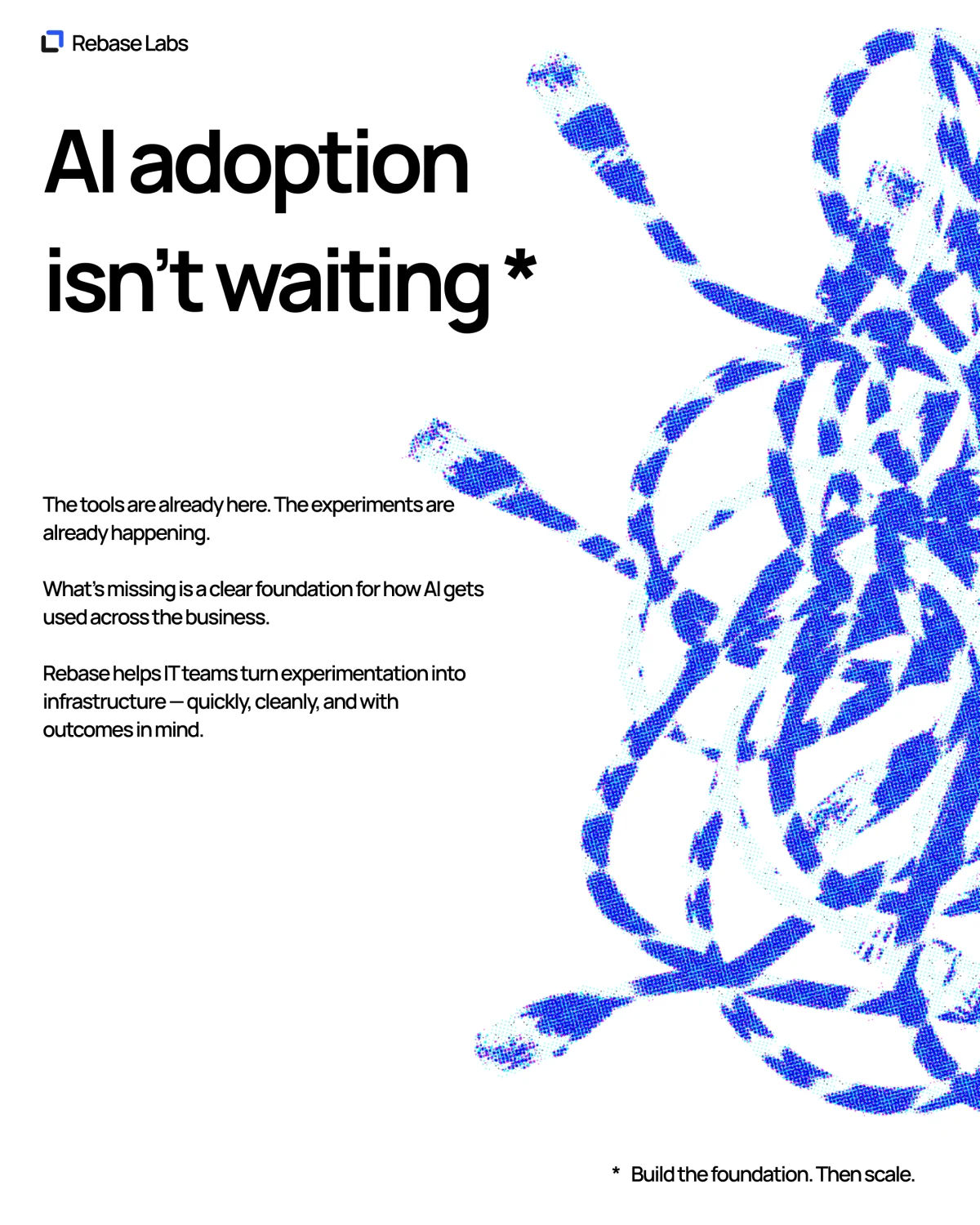 Rebase Labs — AI adoption design with blue halftone strands