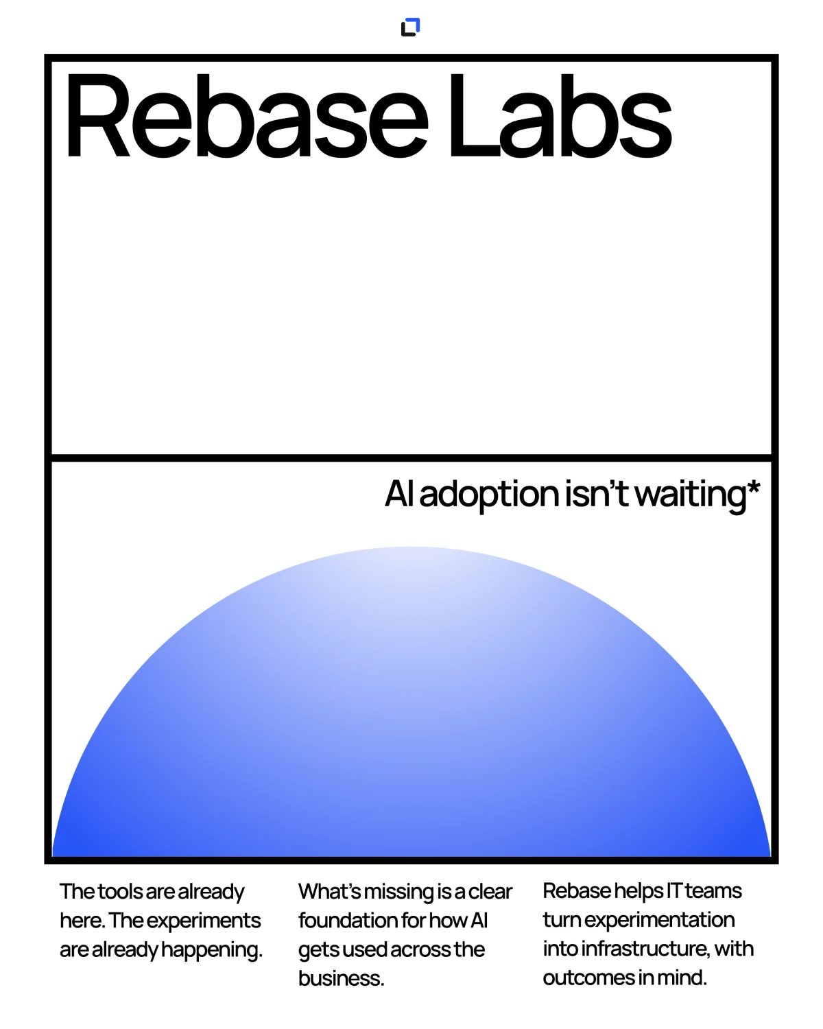 Rebase Labs — black typography and blue gradient hemisphere