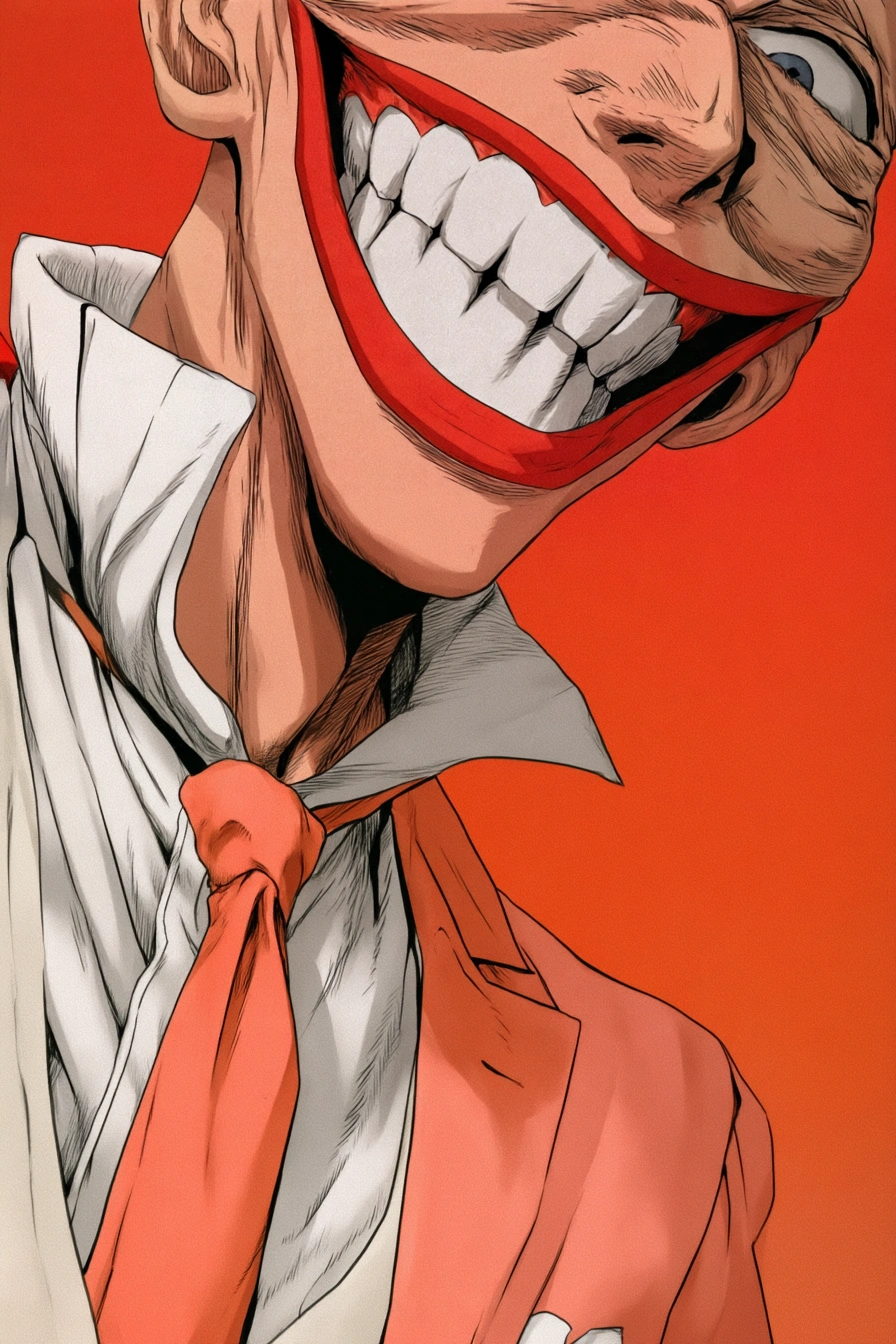 Sweet Tooth — horror anime illustration with an exaggerated grin against a red background